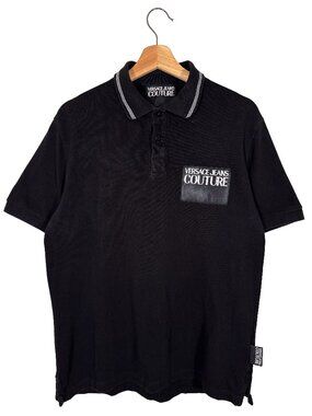 Versace Jeans Couture Patch Logo Short Sleeve Black Pique Polo Shirt mens size L